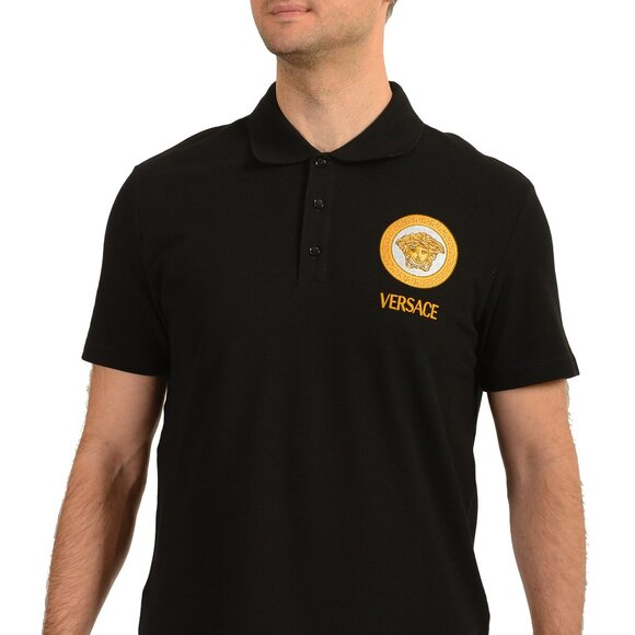 Versace Men's Black Medusa Piquet Embroidery Short Sleeve Polo Shirt US S IT 48